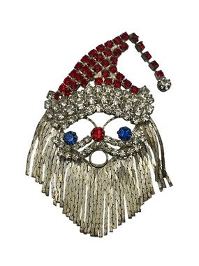 Santa Claus Christmas articulated fringe chain beard rhinestone brooch pin